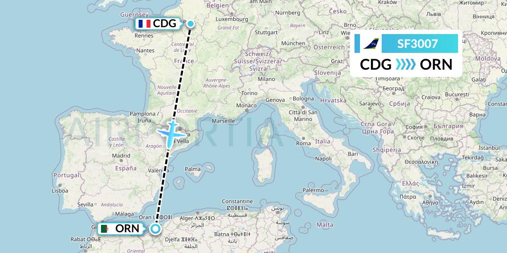 SF3007 Tassili Airlines Flight Map: Paris to Oran