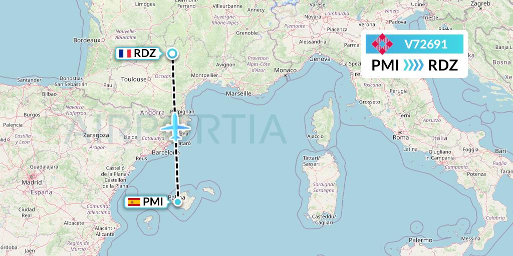 V72691 Volotea Flight Map: Palma de Mallorca to Rodez