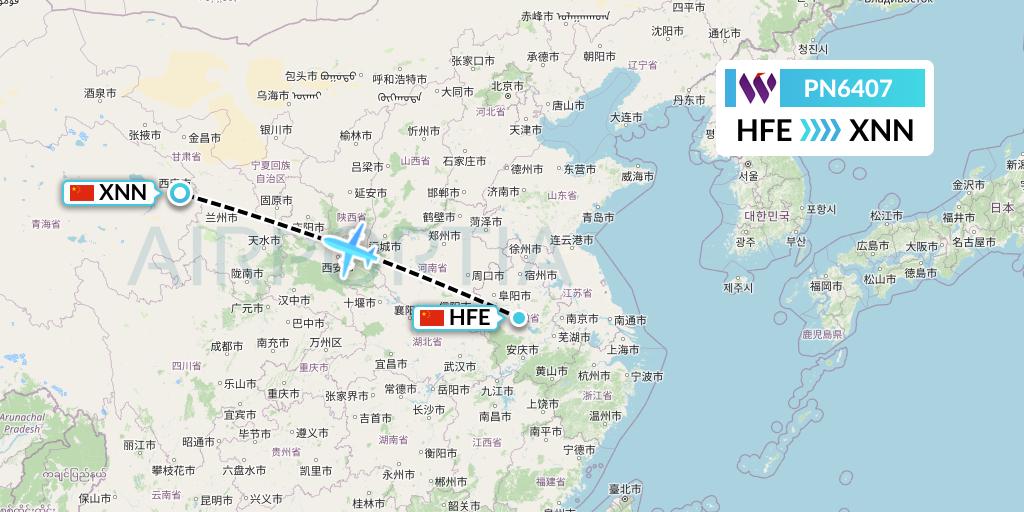 PN6407 China West Air Flight Map: Hefei to Xining