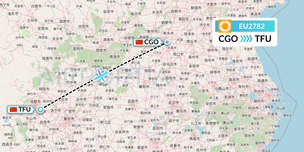 EU2782 Chengdu Airlines Flight Map: Zhengzhou to Chengdu