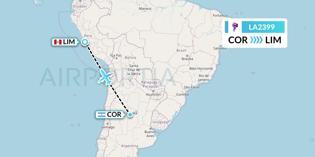 LA2399 LAN Airlines Flight Map: Cordoba to Lima