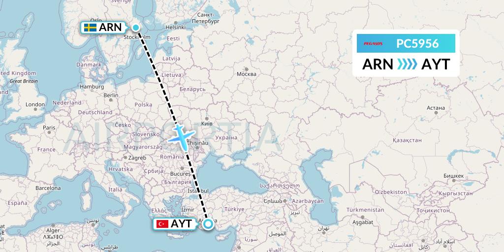 PC5956 Pegasus Airlines Flight Map: Stockholm to Antalya