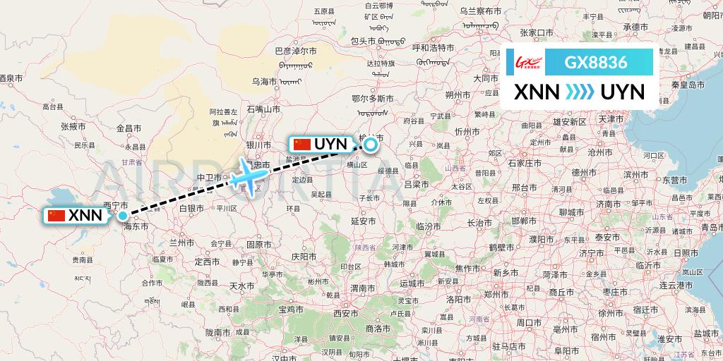 GX8836 GX Airlines Flight Map: Xining to Yulin