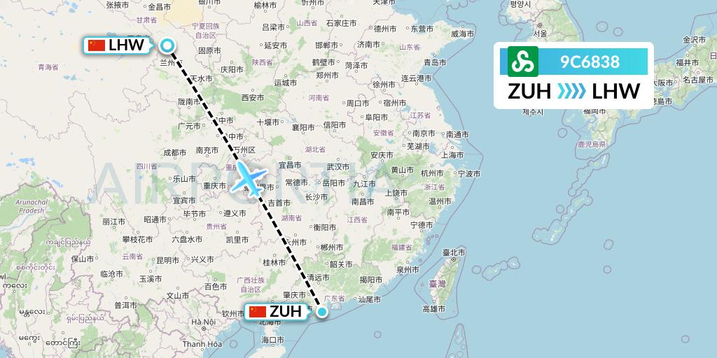 9C6838 Spring Airlines Flight Map: Zhuhai to Lanzhou
