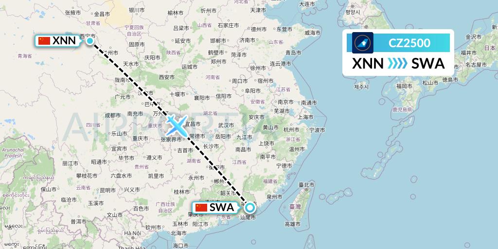 CZ2500 China Southern Airlines Flight Map: Xining to Jieyang