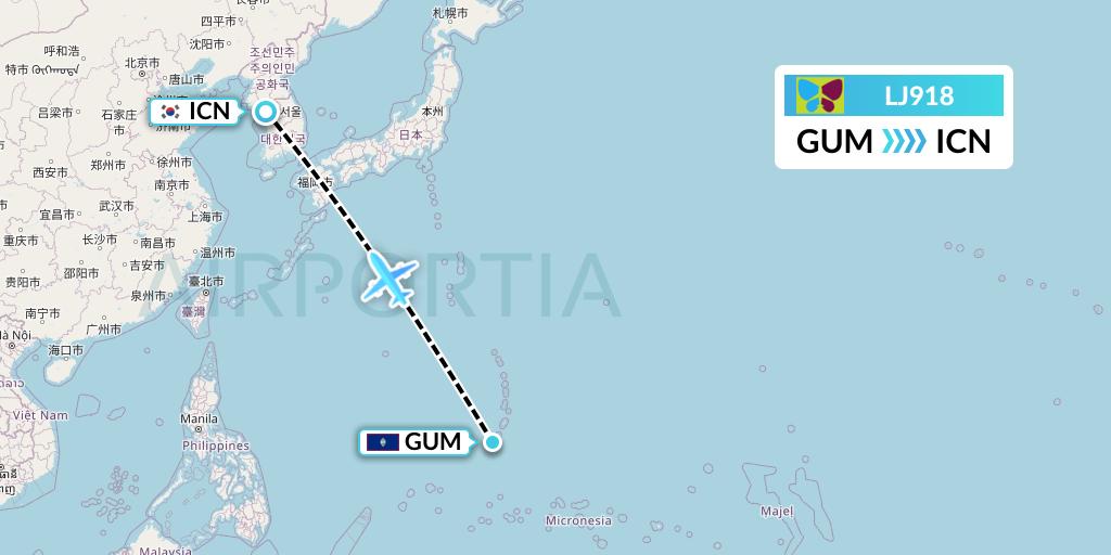 LJ918 Jin Air Flight Map: Guam to Seoul