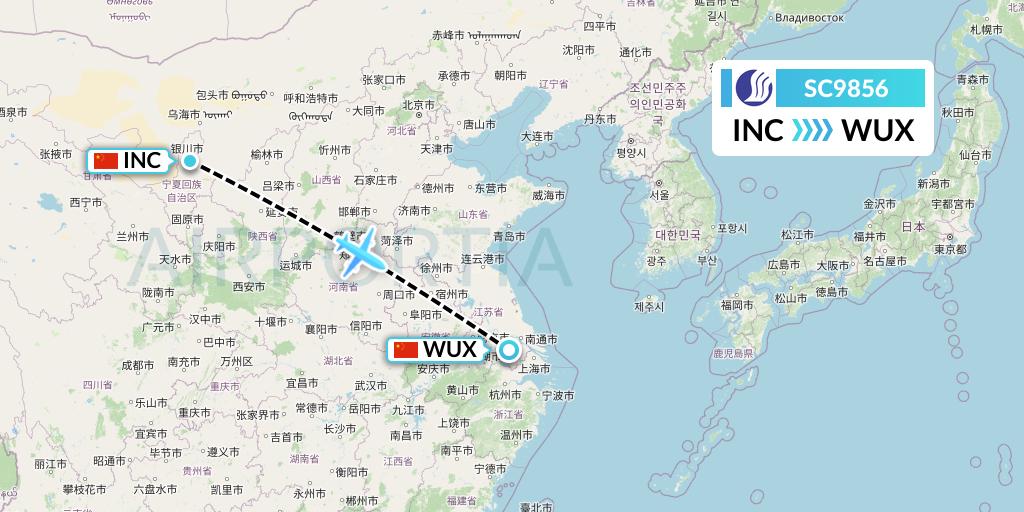 SC9856 Shandong Airlines Flight Map: Yinchuan to Wuxi