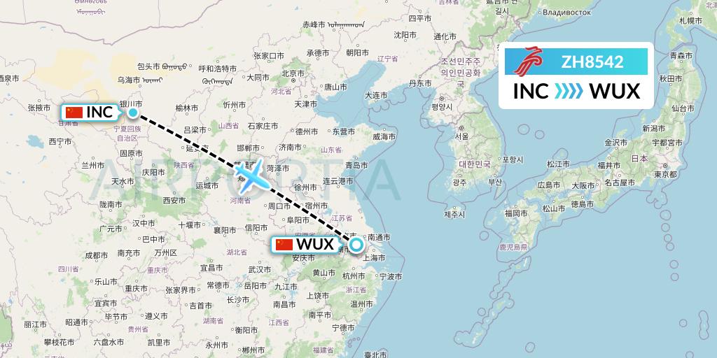 ZH8542 Shenzhen Airlines Flight Map: Yinchuan to Wuxi