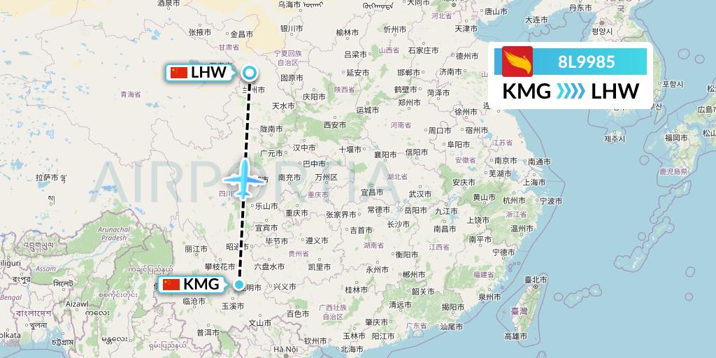 8L9985 Lucky Air Flight Map: Kunming to Lanzhou