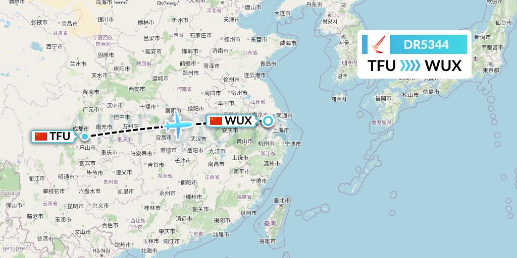 DR5344 Ruili Airlines Flight Map: Chengdu to Wuxi