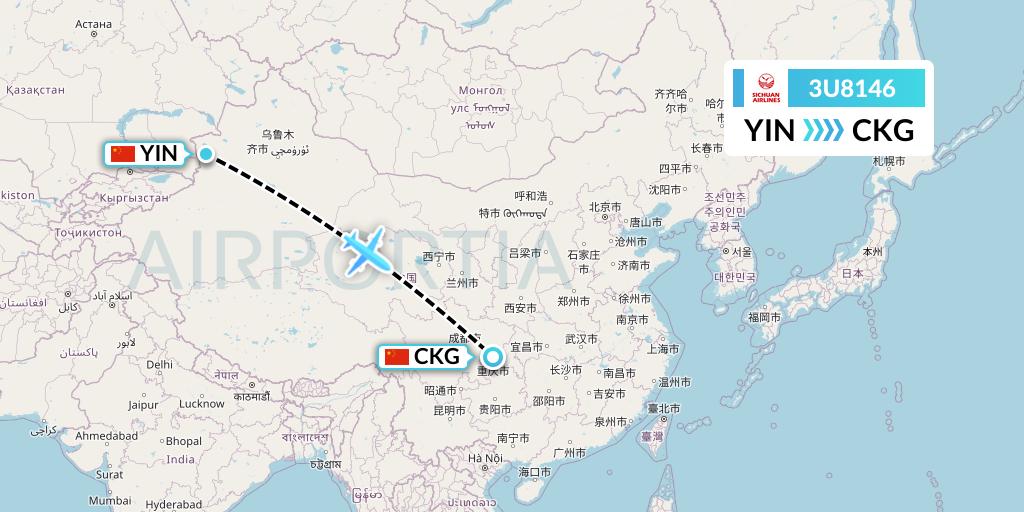 3U8146 Sichuan Airlines Flight Map: Yining to Chongqing