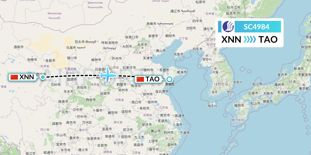 SC4984 Shandong Airlines Flight Map: Xining to Qingdao