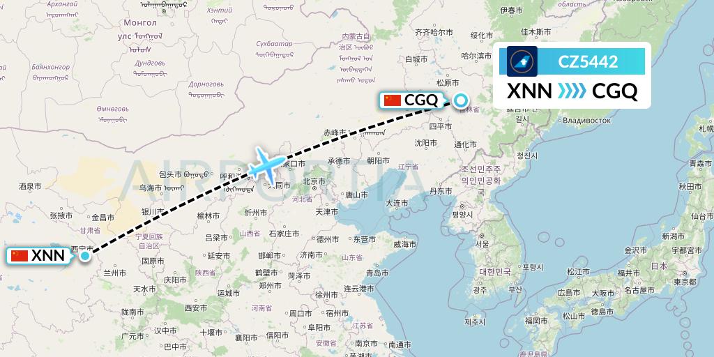 CZ5442 China Southern Airlines Flight Map: Xining to Changchun
