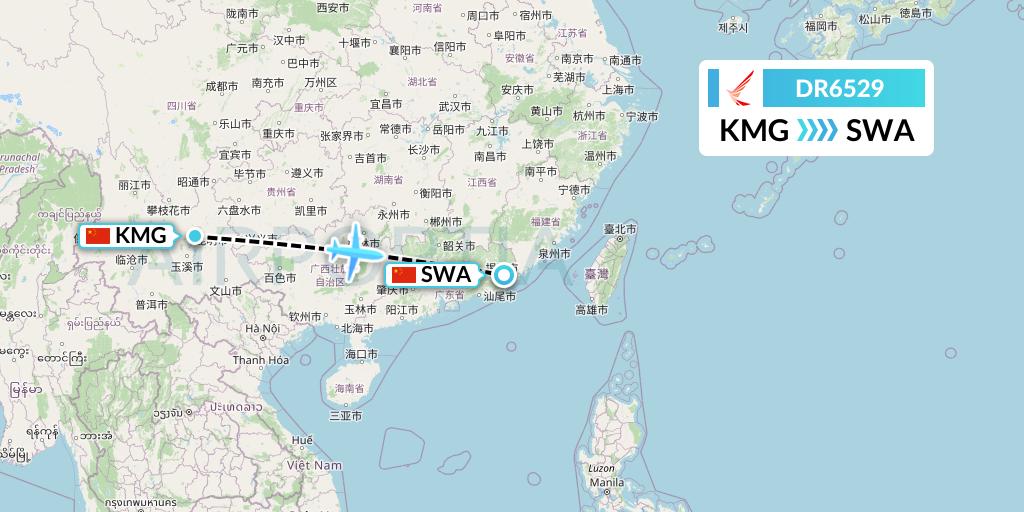 DR6529 Ruili Airlines Flight Map: Kunming to Jieyang