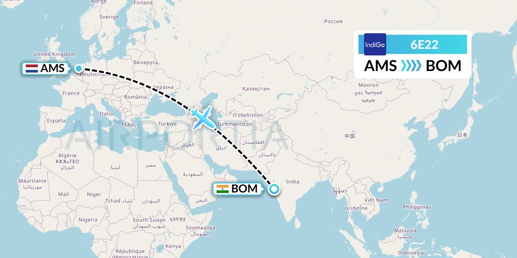 6E22 IndiGo Airlines Flight Map: Amsterdam to Mumbai