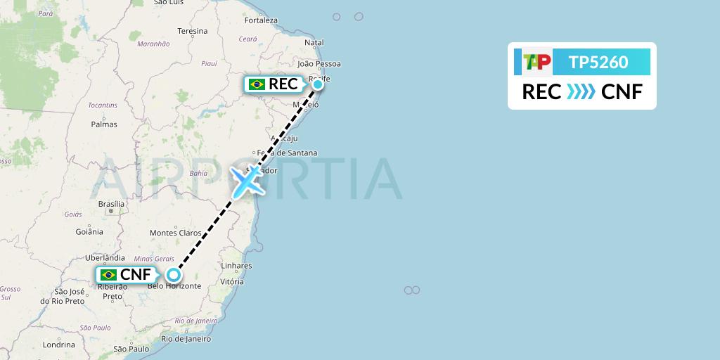 TP5260 TAP Portugal Flight Map: Recife to Belo Horizonte