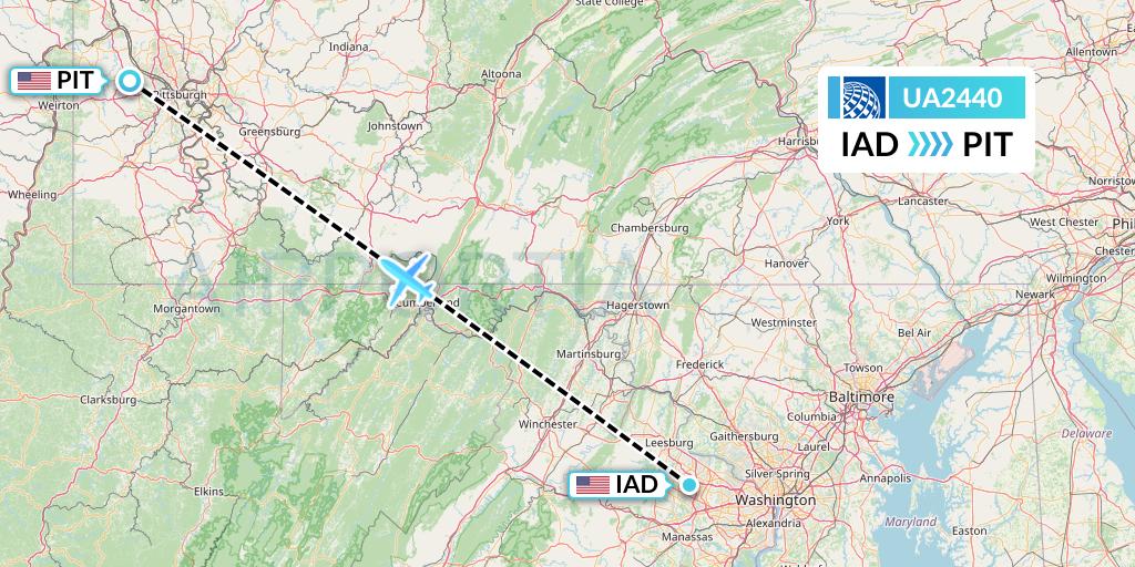 UA2440 United Airlines Flight Map: Washington to Pittsburgh