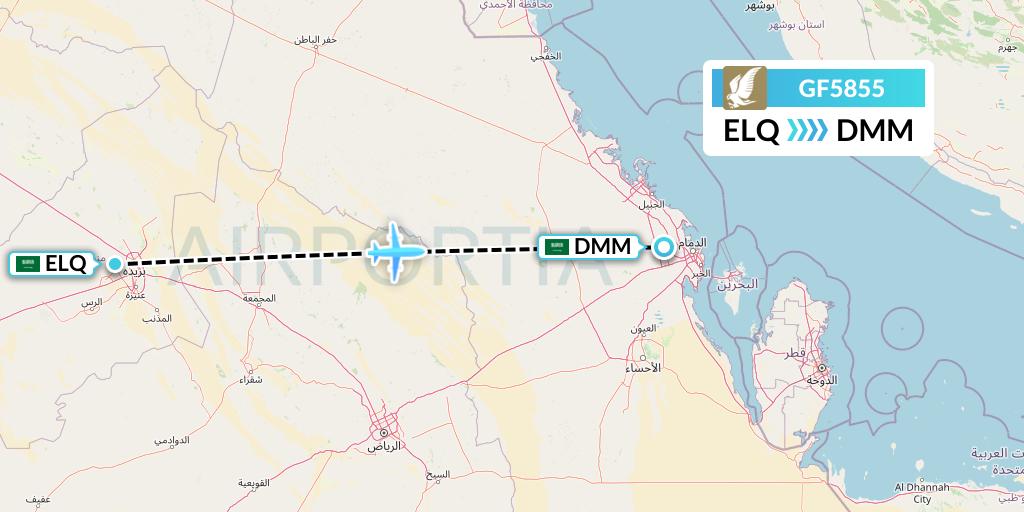 GF5855 Gulf Air Flight Map: Al-Qassim to Dammam