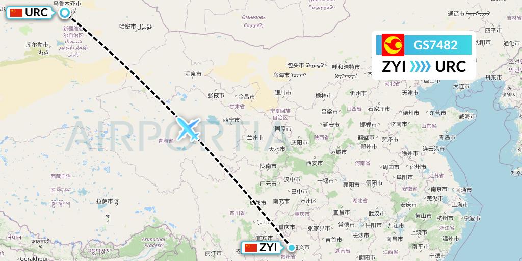 GS7482 Tianjin Airlines Flight Map: Zunyi to Urumqi