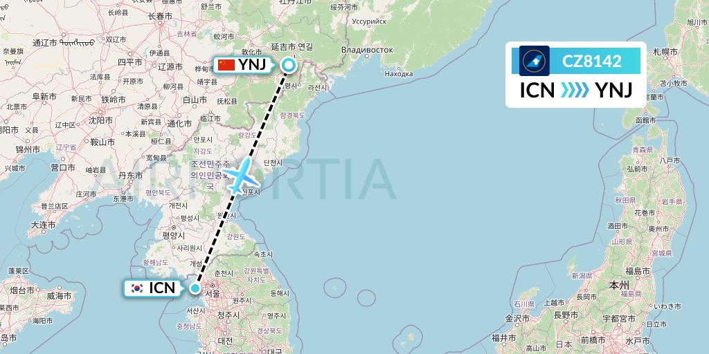 CZ8142 China Southern Airlines Flight Map: Seoul to Yanji