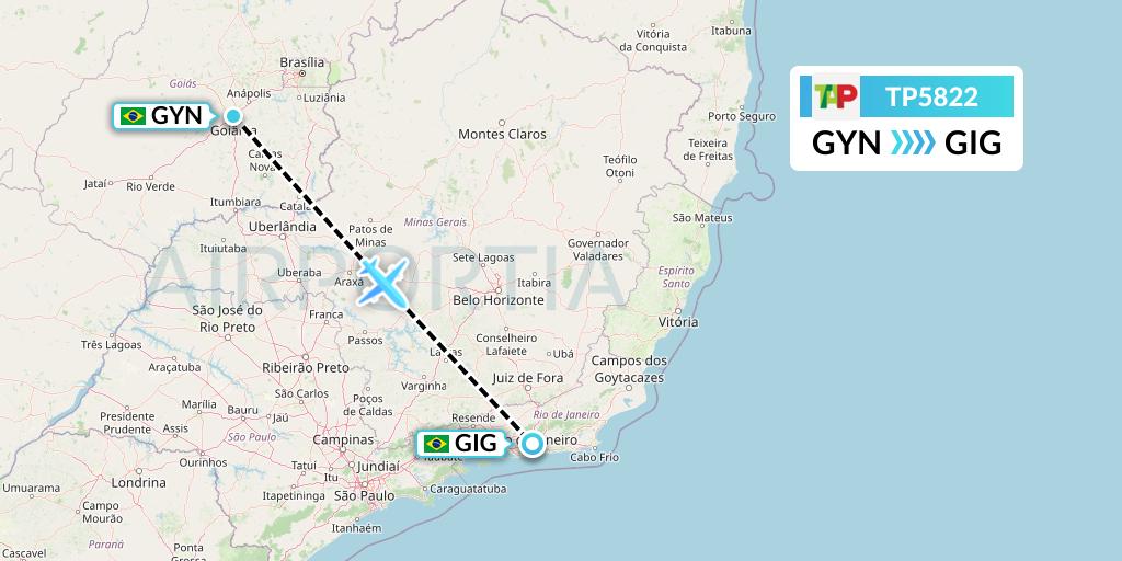 TP5822 TAP Portugal Flight Map: Goiania to Rio de Janeiro
