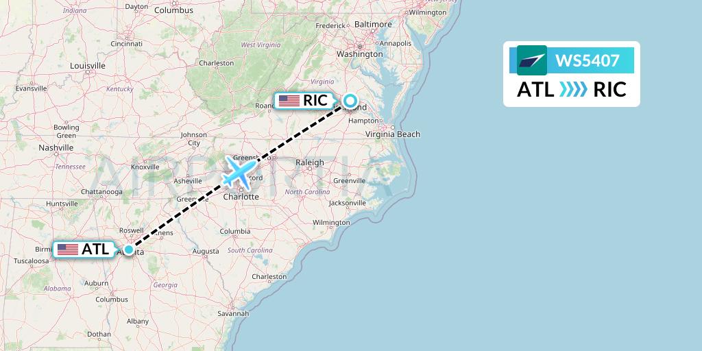 WS5407 WestJet Flight Map: Atlanta to Richmond