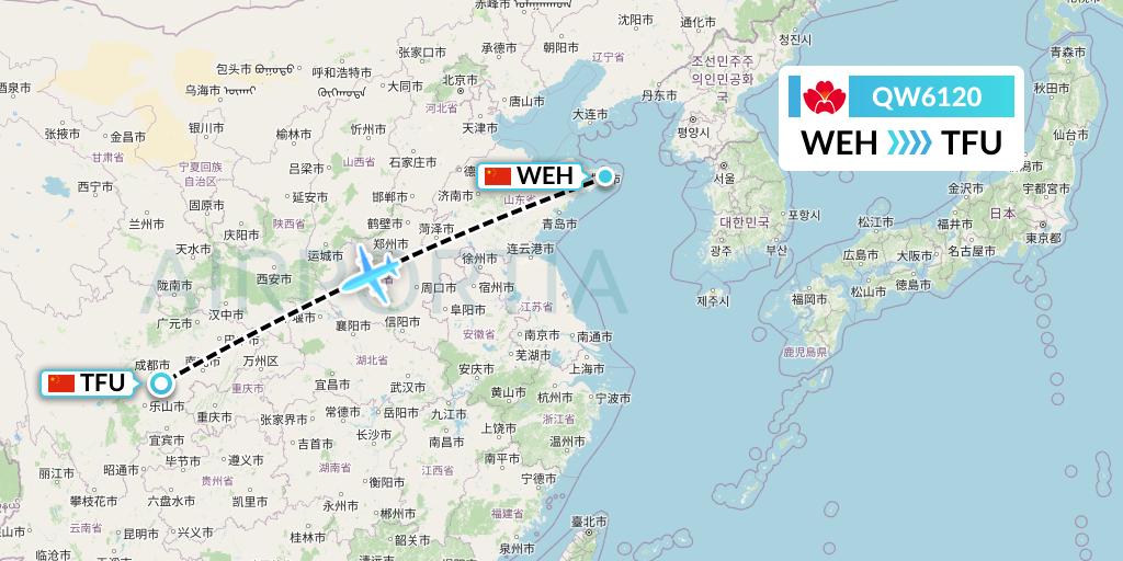 QW6120 Qingdao Airlines Flight Map: Weihai to Chengdu