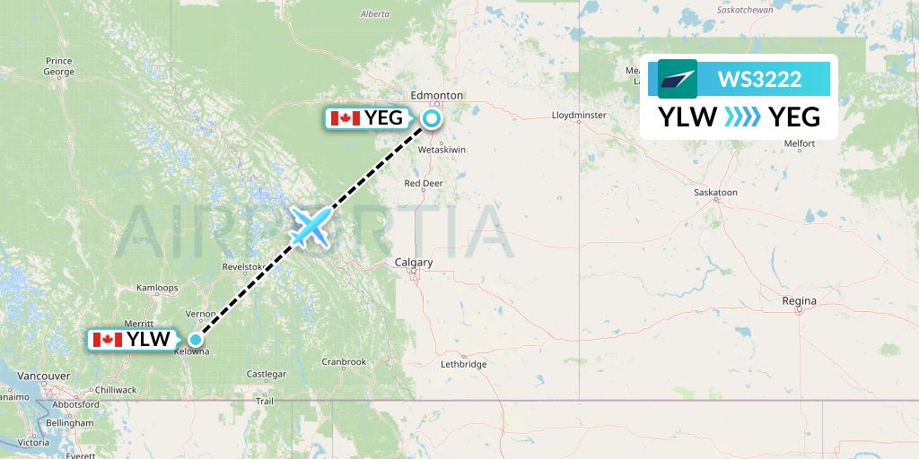 WS3222 WestJet Flight Map: Kelowna to Edmonton