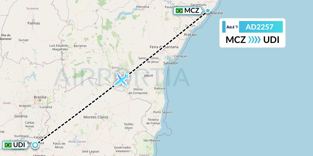 AD2257 Azul Brazilian Airlines Flight Map: Maceio to Uberlandia