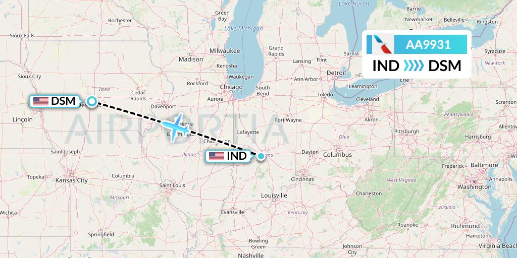 AA9931 American Airlines Flight Map: Indianapolis to Des Moines