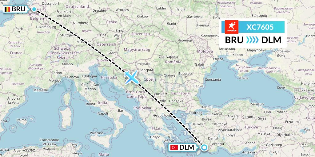 XC7605 Corendon Airlines Flight Map: Brussels to Dalaman