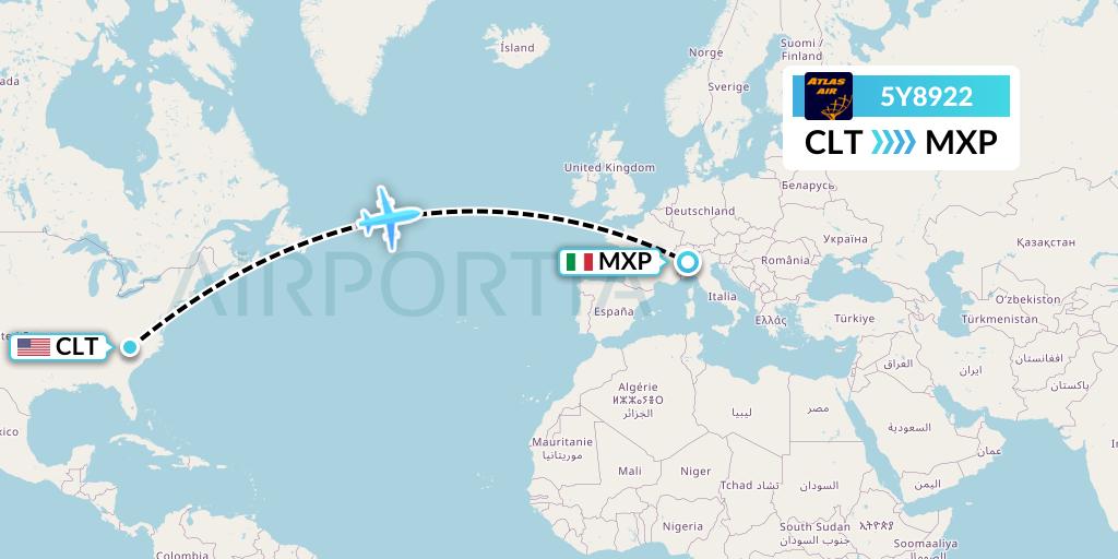 5Y8922 Atlas Air Flight Map: Charlotte to Milan