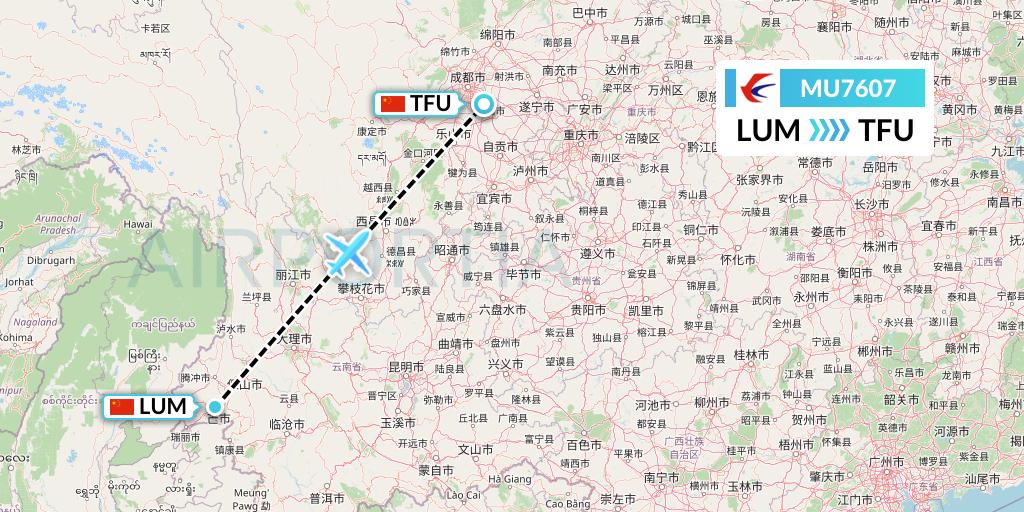 MU7607 China Eastern Airlines Flight Map: Mangshi to Chengdu