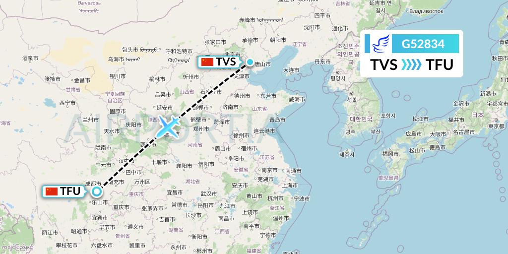G52834 China Express Airlines Flight Map: Tangshan to Chengdu