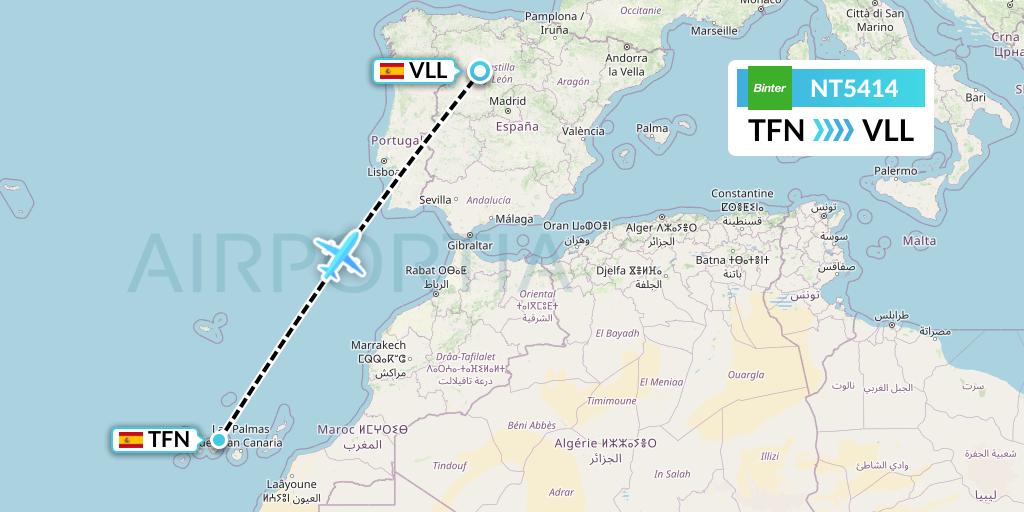 NT5414 Binter Canarias Flight Map: Tenerife to Valladolid