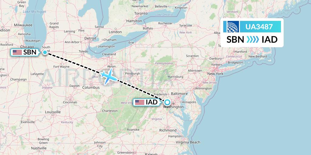 UA3487 United Airlines Flight Map: South Bend to Washington