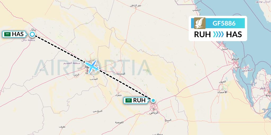 GF5886 Gulf Air Flight Map: Riyadh to Ha'il