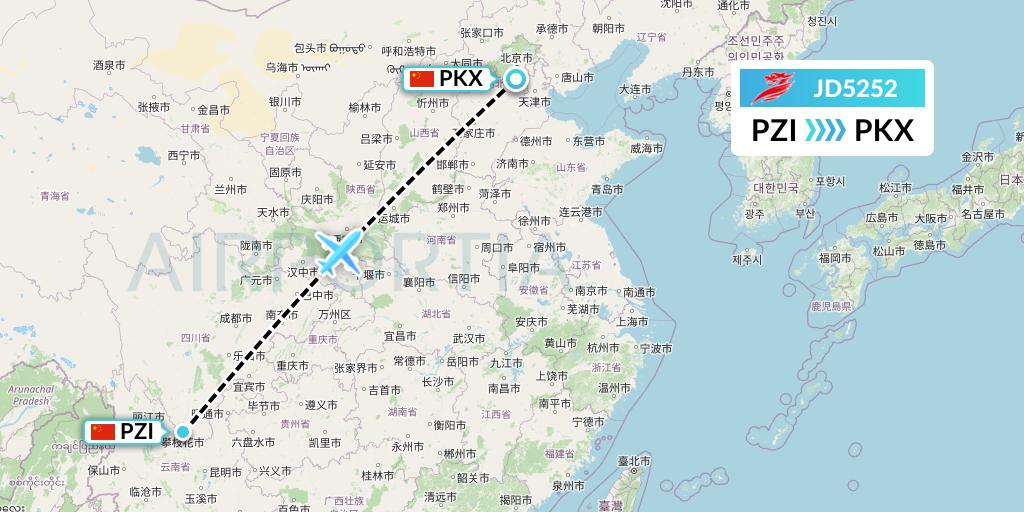 JD5252 Capital Airlines Flight Map: Panzhihua to Beijing