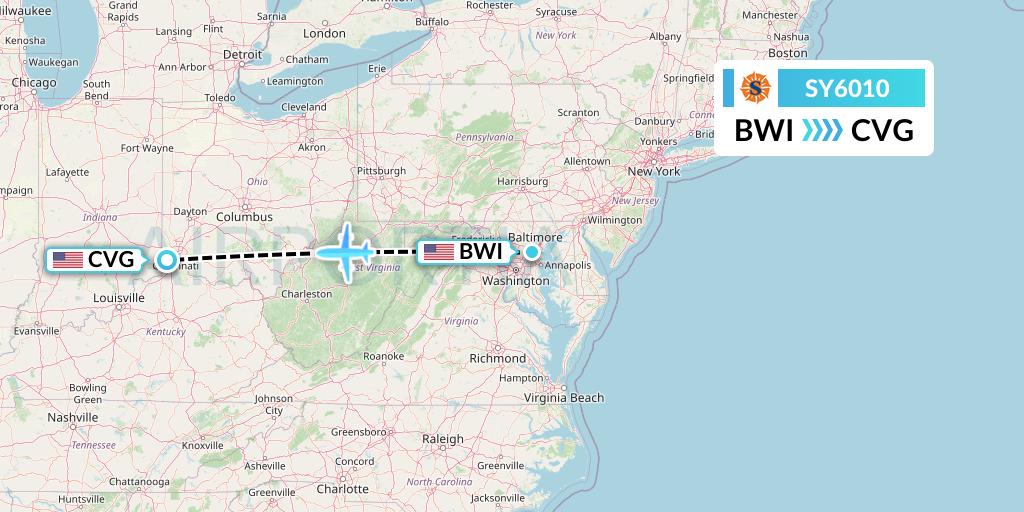 SY6010 Sun Country Airlines Flight Map: Baltimore to Cincinnati