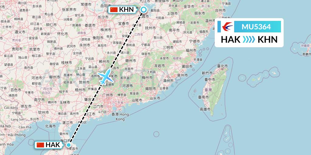 MU5364 China Eastern Airlines Flight Map: Haikou to Nanchang