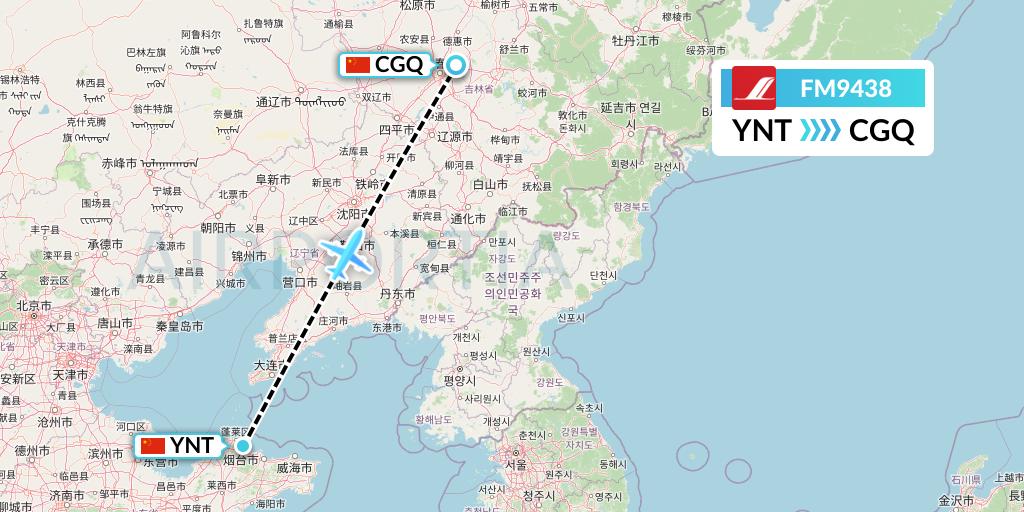 FM9438 Shanghai Airlines Flight Map: Yantai to Changchun