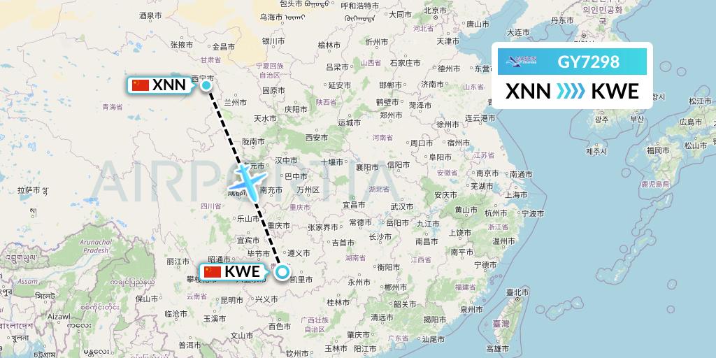 GY7298 Colorful GuiZhou Airlines Flight Map: Xining to Guiyang