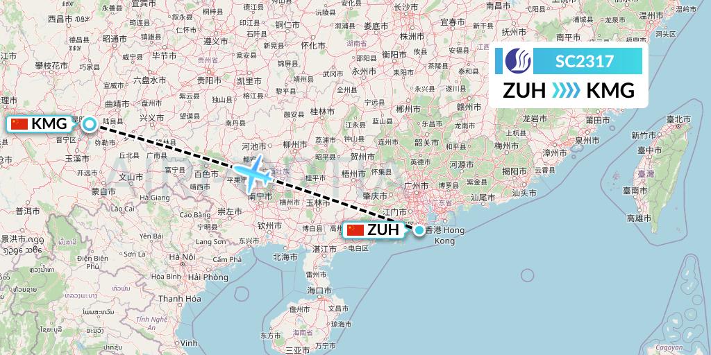 SC2317 Shandong Airlines Flight Map: Zhuhai to Kunming
