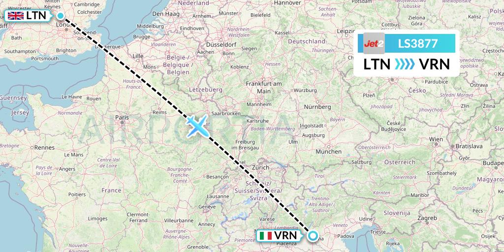 LS3877 Jet2 Flight Map: London to Verona