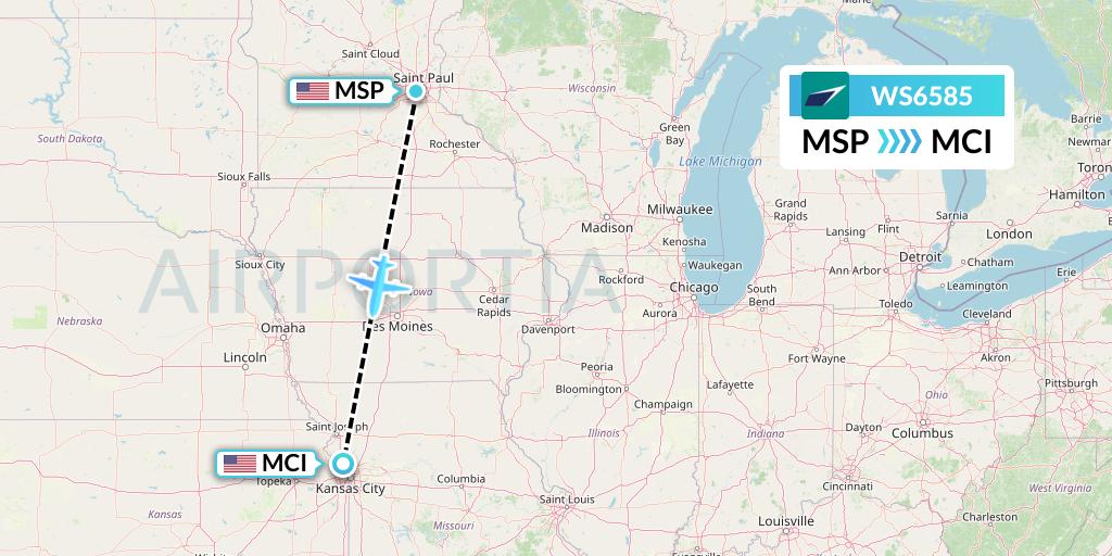 WS6585 WestJet Flight Map: Minneapolis to Kansas City