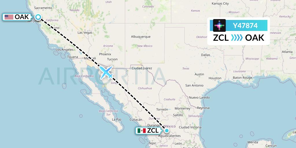 Y47874 Volaris Flight Map: Zacatecas to Oakland