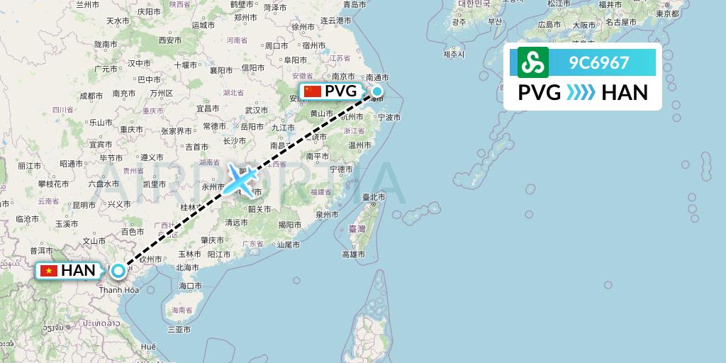 9C6967 Spring Airlines Flight Map: Shanghai to Hanoi