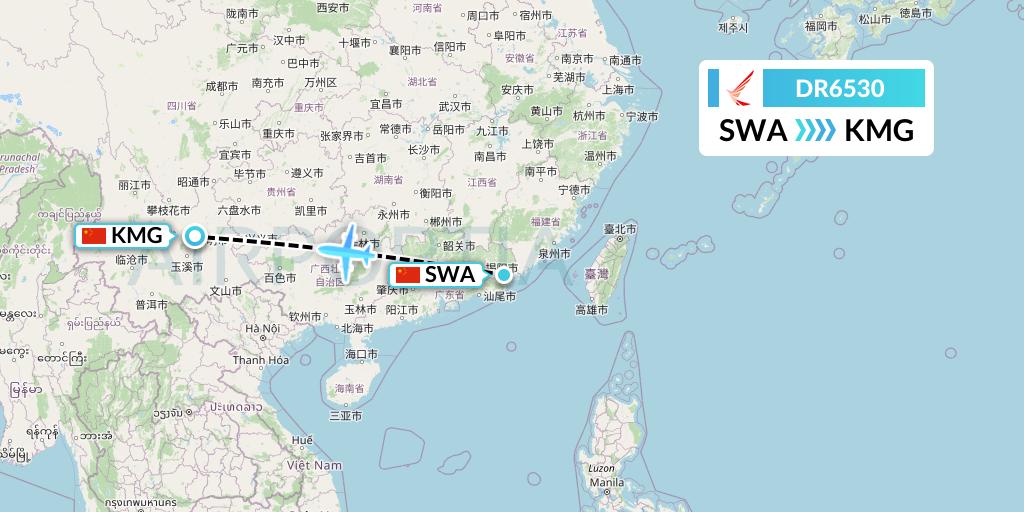 DR6530 Ruili Airlines Flight Map: Jieyang to Kunming