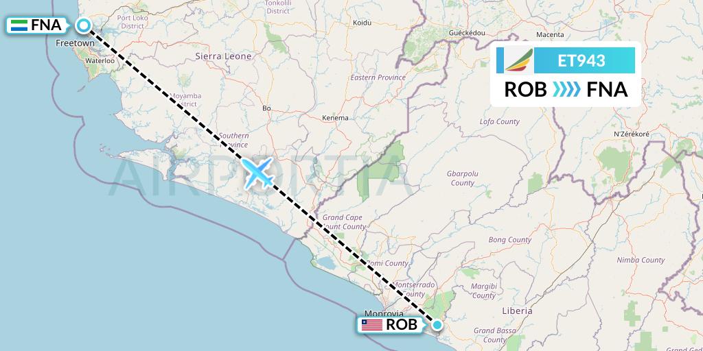 ET943 Ethiopian Airlines Flight Map: Monrovia to Freetown