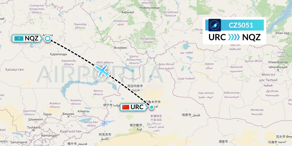 CZ5051 China Southern Airlines Flight Map: Urumqi to Astana